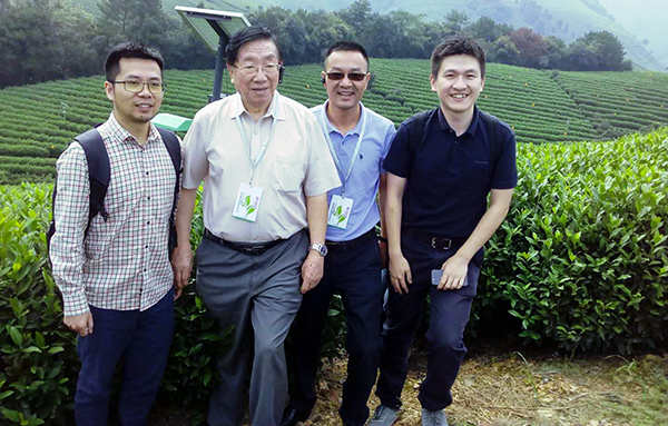 陳宗懋院士、陳渝陽董事長、陳曦經(jīng)理在茶園殺蟲燈面前合影